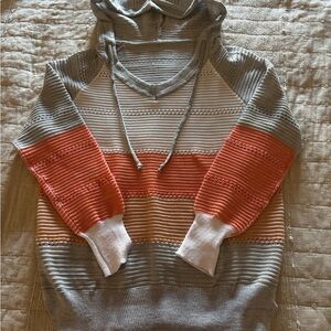 Striped Hooded Sweater in Gray, White, and Coral
